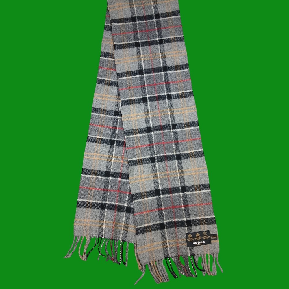 Barbour Scarf Plaid Grey Merino Cashmere Wool Made in Scotland Vintage